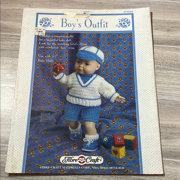 1995 crochet Fibre Craft Boy's Outfit fits 15" Baby Doll Leaflet FCM318 - Picture 2 of 3